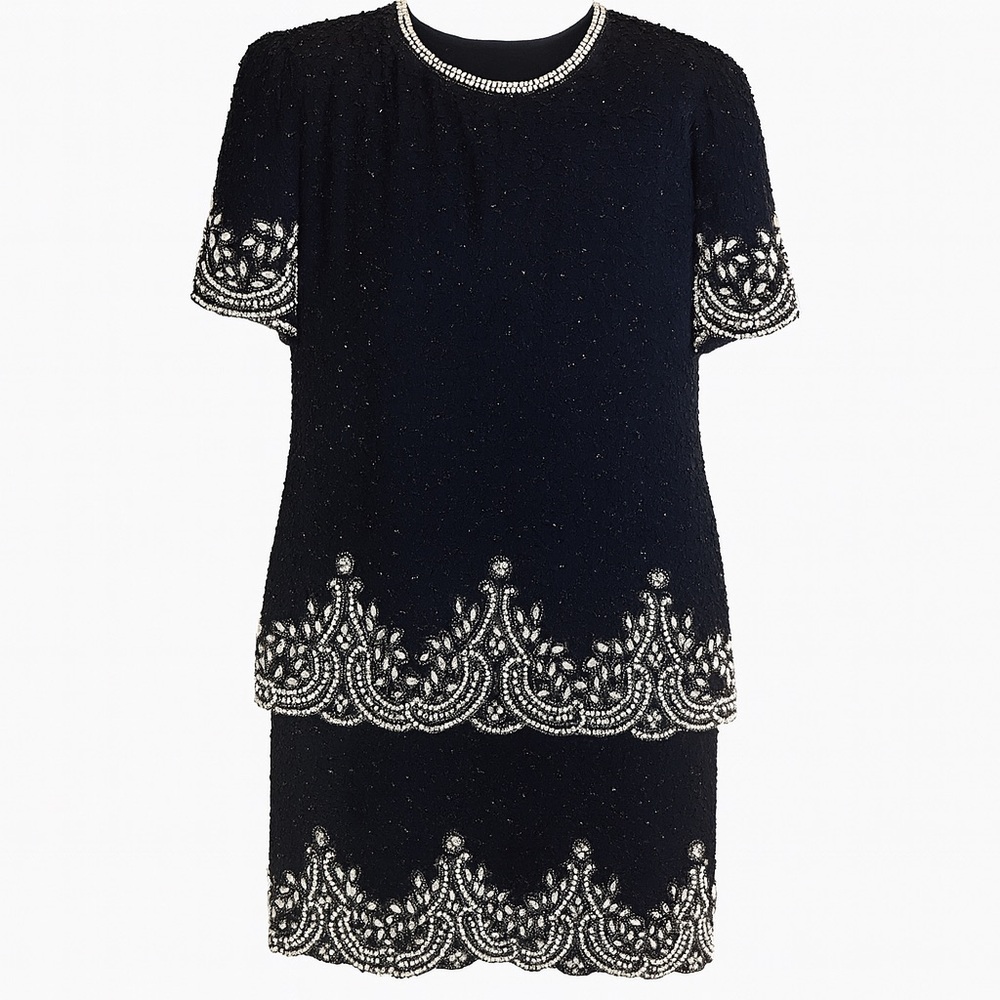 Laurence Kazar Black Beaded Cocktail Dress